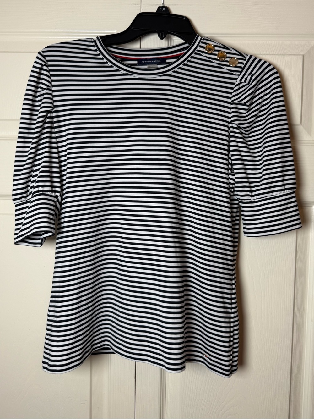 Tommy Hilfiger women's striped blouse with‎ gold shoulder buttons puff sleeves
